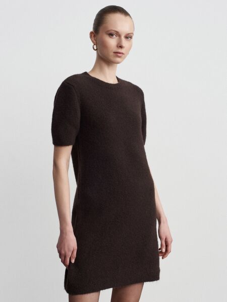 Bisiklet Yaka Yün Karışımlı Triko Elbise-Koyu Kahve