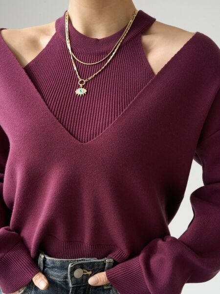 Yumoş dokulu Atlet detaylı triko set -Mürdüm