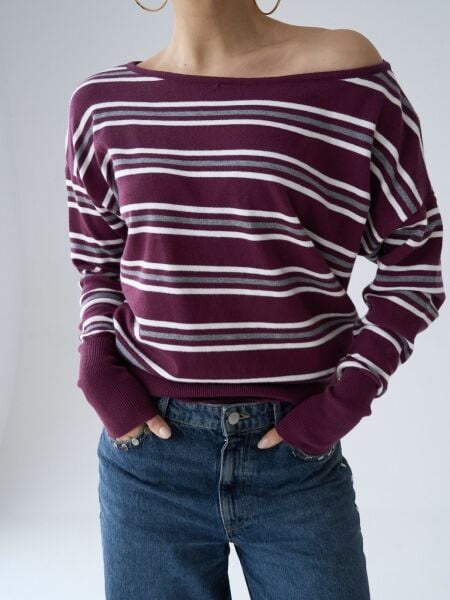 Kayık yaka çizgili triko -Bordo