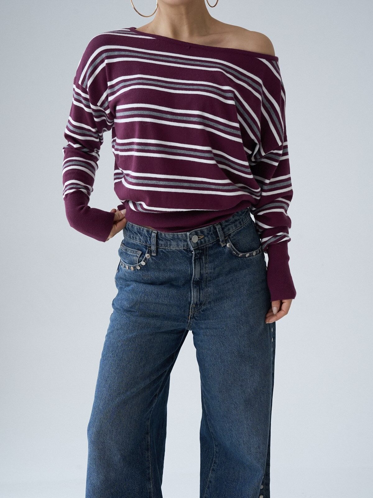 Kayık yaka çizgili triko -Bordo