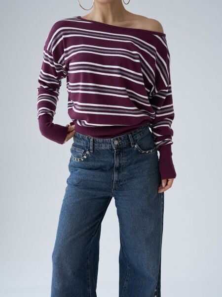 Kayık yaka çizgili triko -Bordo