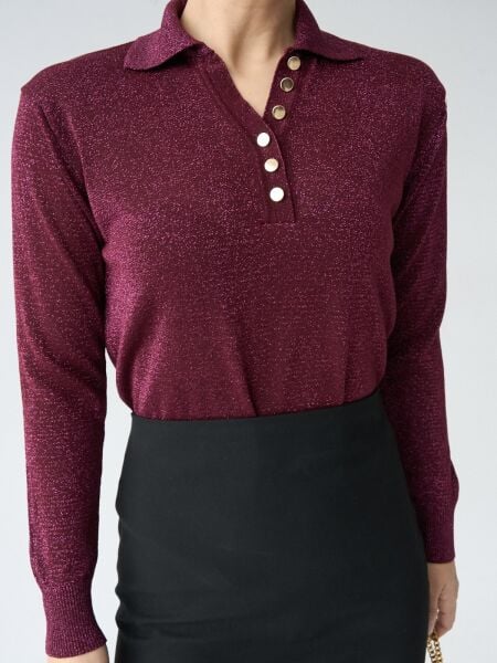 Yakası gold düğmeli simli triko-Mürdüm