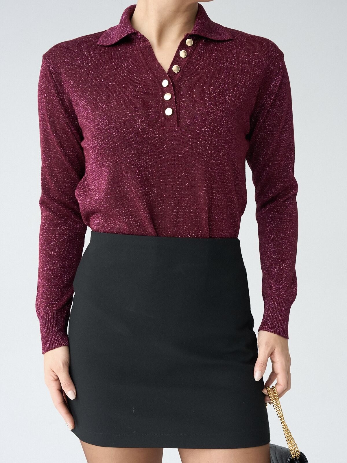 Yakası gold düğmeli simli triko-Mürdüm