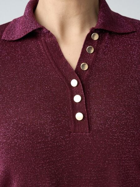 Yakası gold düğmeli simli triko-Mürdüm