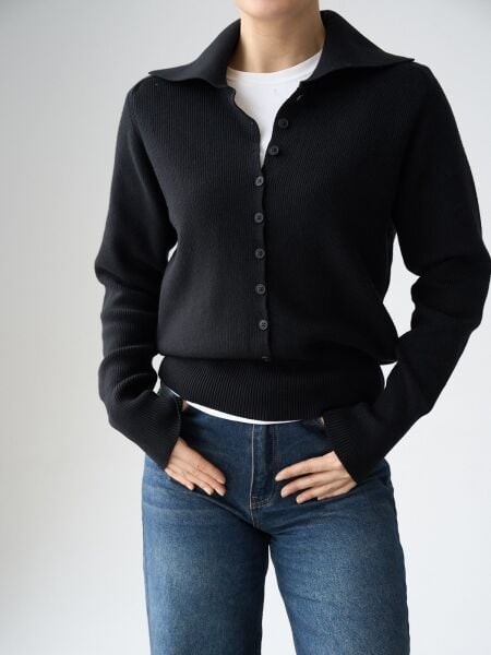 Polo yaka düğmeli kazak -Siyah