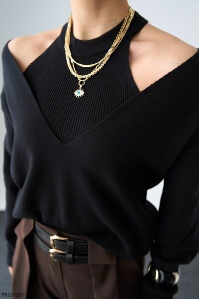 Yumoş dokulu Atlet detaylı triko set -siyah