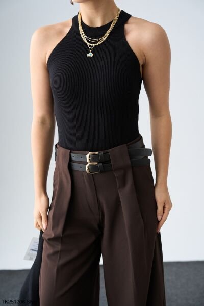 Yumoş dokulu Atlet detaylı triko set -siyah