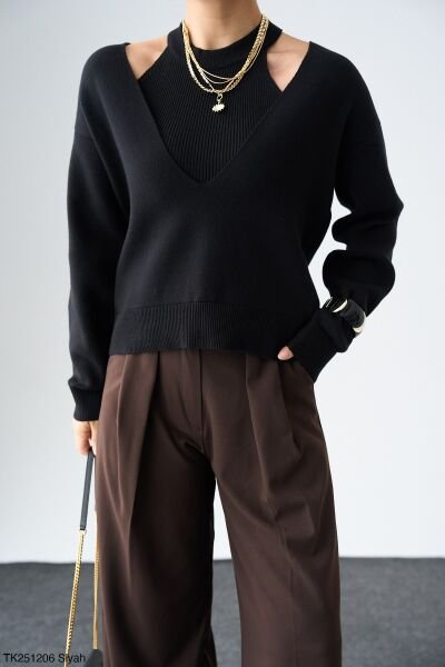 Yumoş dokulu Atlet detaylı triko set -siyah